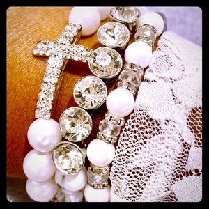 Pearl and silver rhinestone bracelets